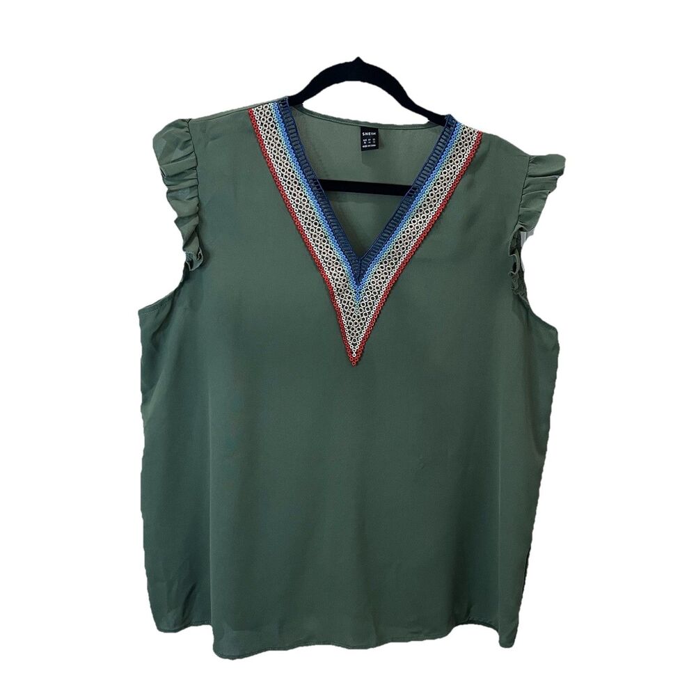 Shein Green Short Ruffle Sleeve Crochet V Neck Top Blouse Womens Size XL